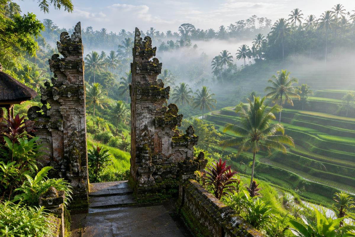 Terraced green rice fields and a traditional Balinese temple gate in Ubud