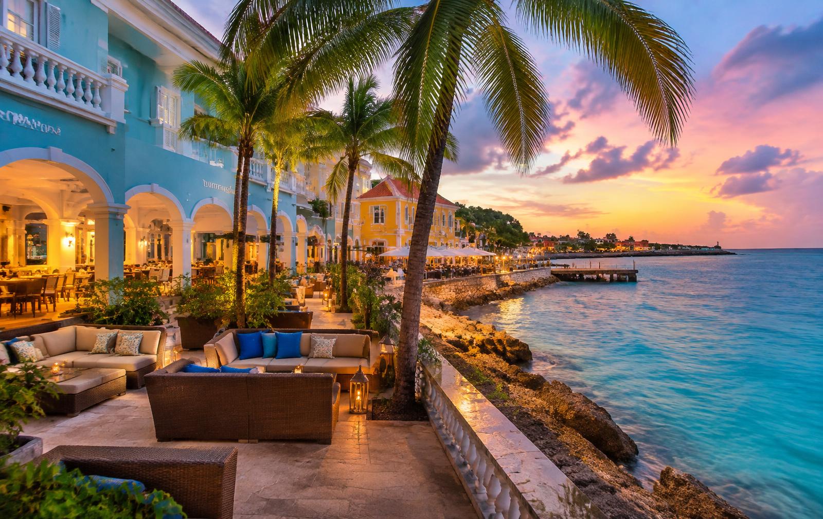 A Caribbean hotel terrace in Curaçao with pastel colonial architecture and the sea at dusk