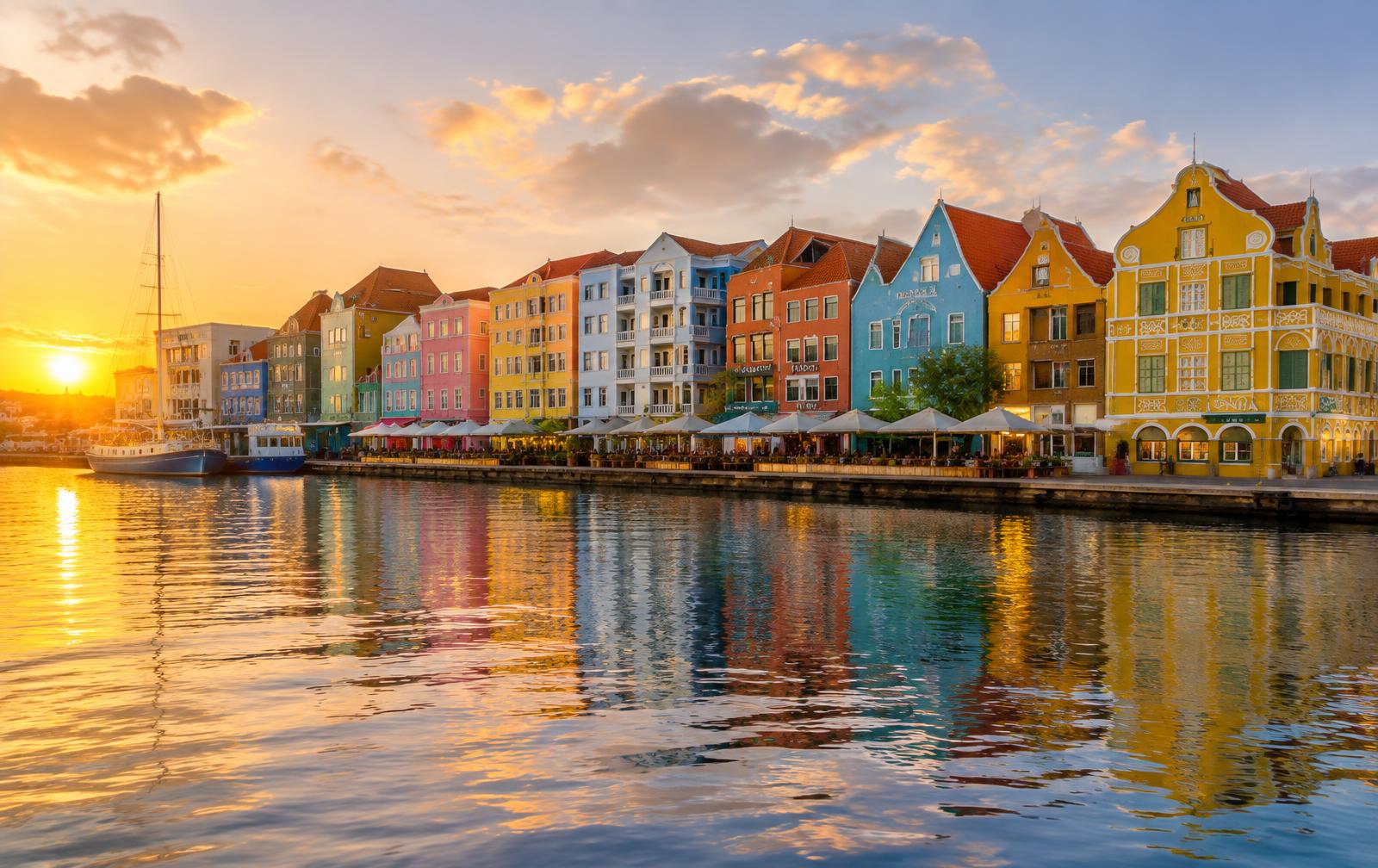 The colorful pastel waterfront buildings of Willemstad, Curaçao at golden hour
