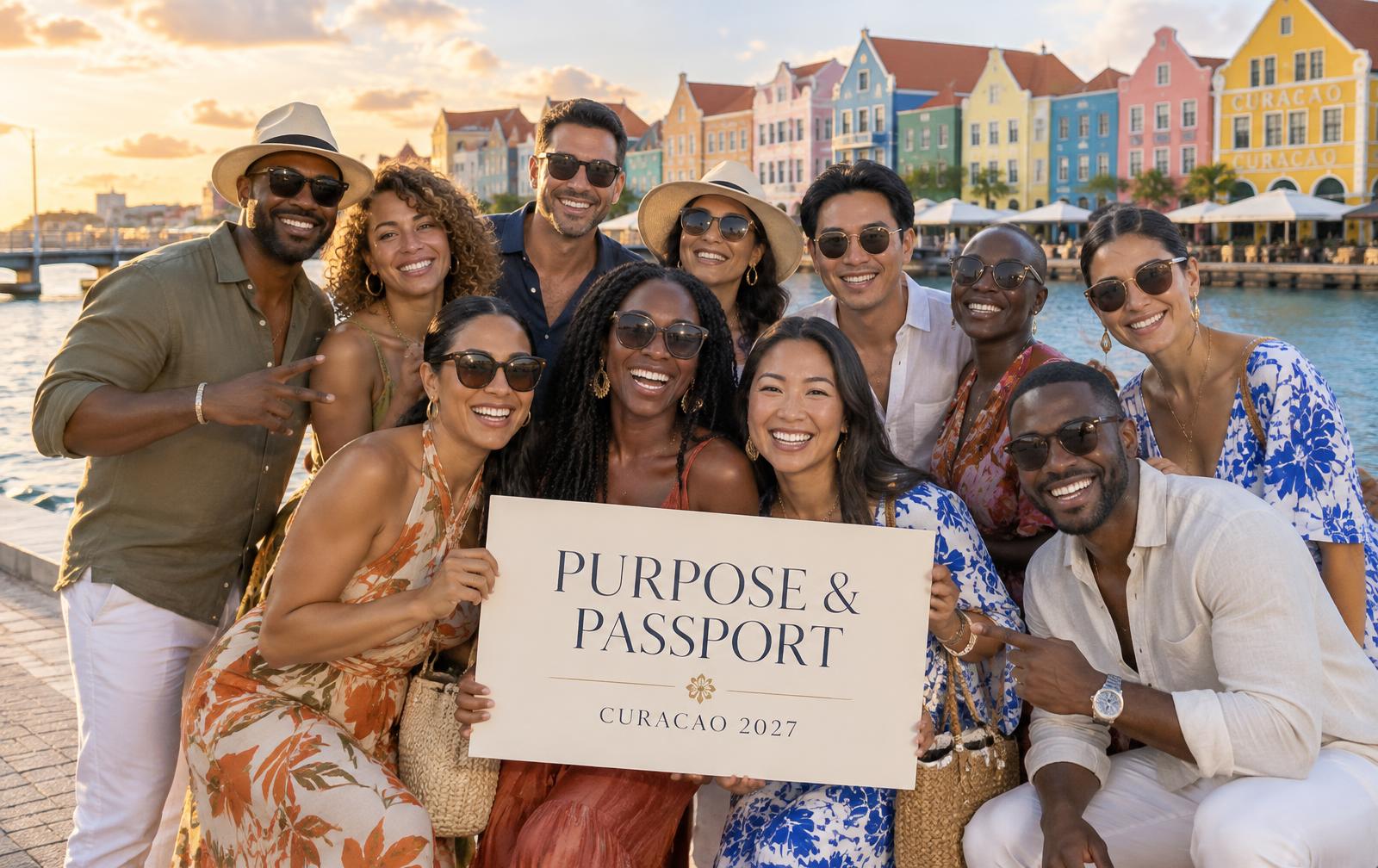 Purpose & Passport™ Curaçao 2027 campaign artwork: a joyful multicultural group of adult travelers on the colorful Willemstad waterfront