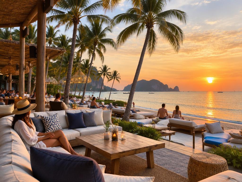 Beach club terrace on a Thai west-coast beach at sunset