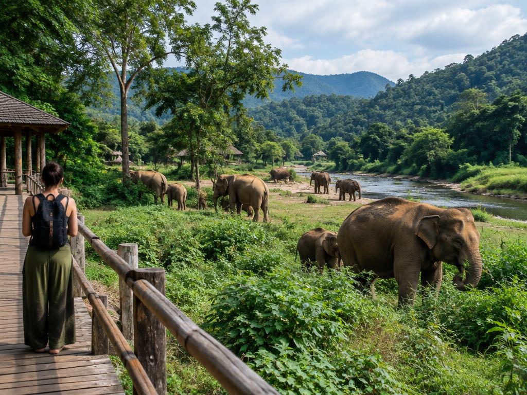 Free-roaming elephants in a sanctuary observed from a wooden walkway