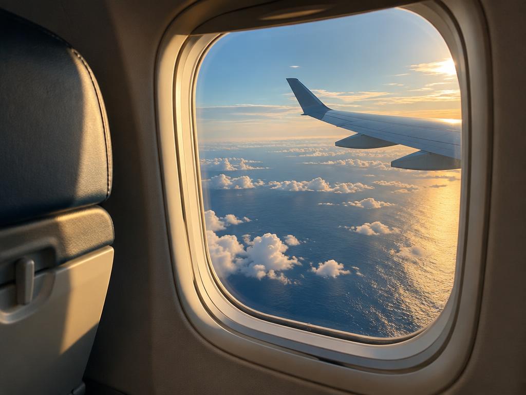 View over ocean and clouds from an aircraft window on a long travel day