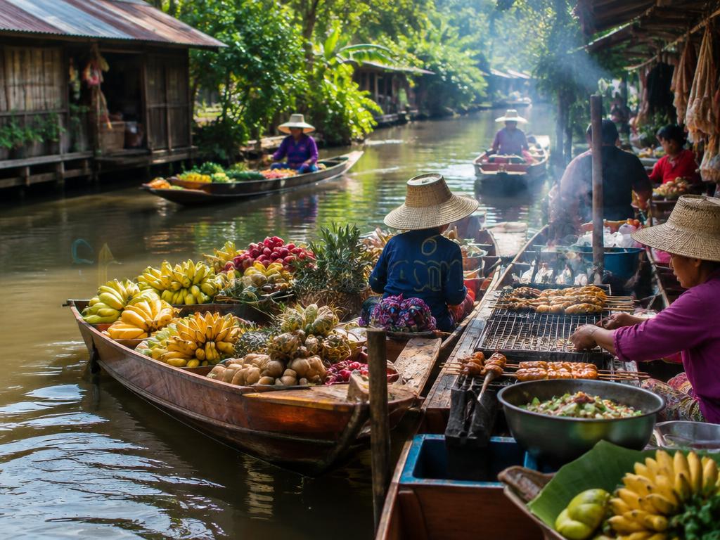 Canal-side floating market with boats of fruit and Thai street food