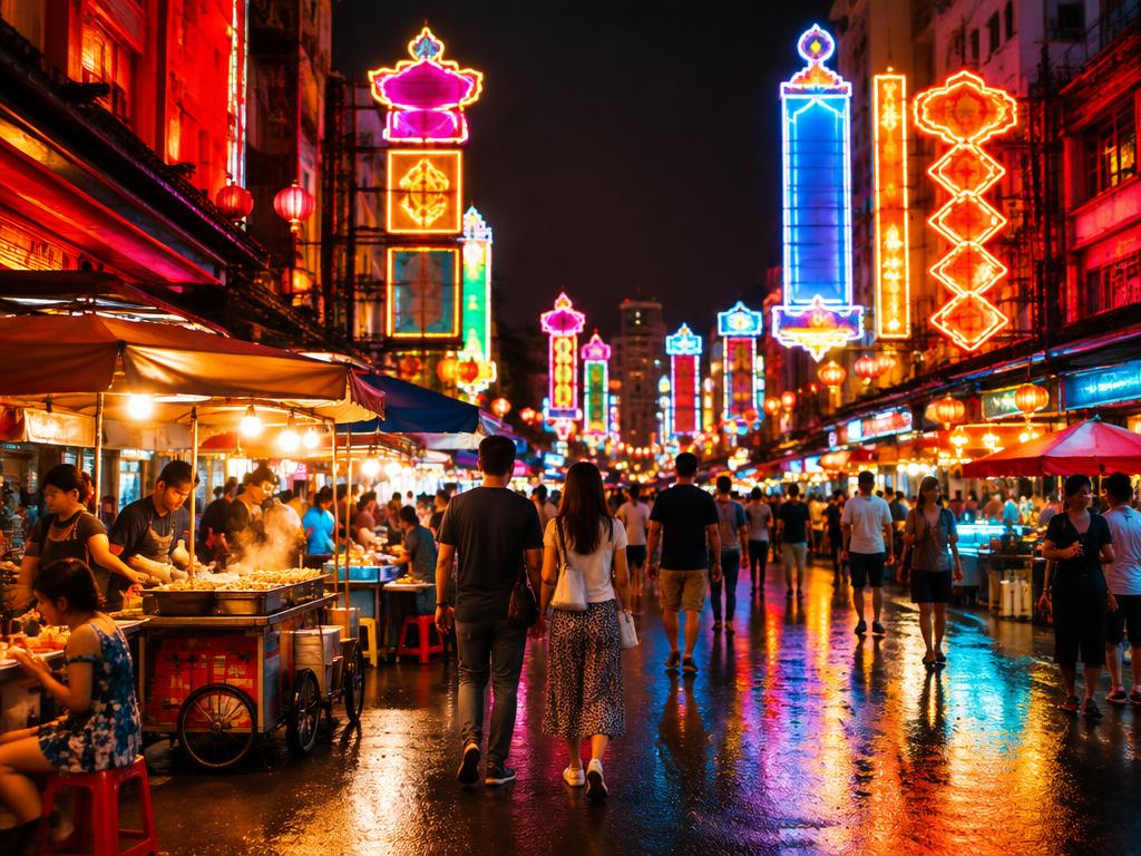 Bangkok Chinatown street at night with glowing signage and food stalls