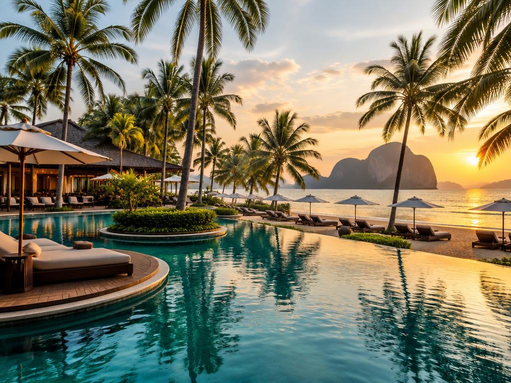 Phuket beach resort with lagoon pool at sunset