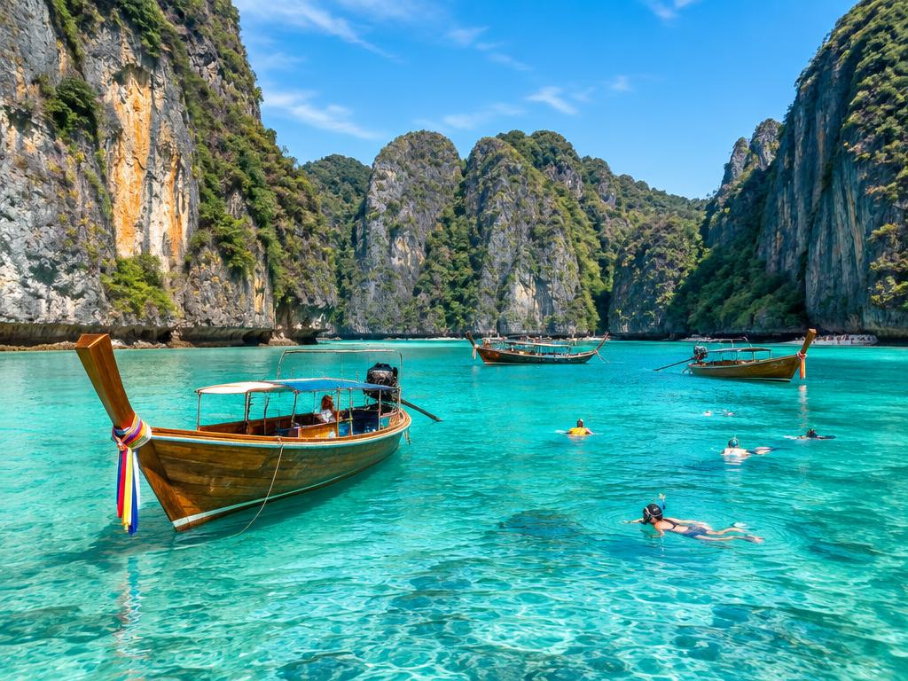 Turquoise bay ringed by limestone cliffs with longtail boats