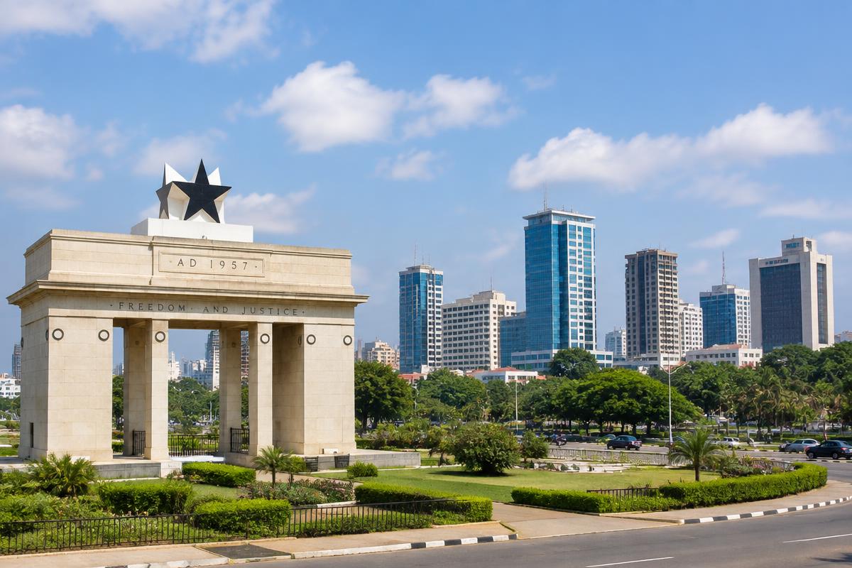 Accra city landmarks and independence-era architecture under bright daylight