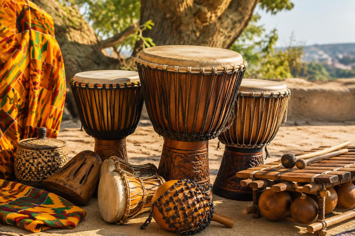Traditional Ghanaian drums and kente textiles set out for a cultural experience