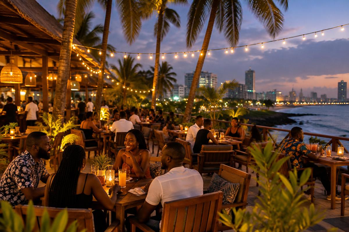 Modern Accra at night with contemporary dining and city lights
