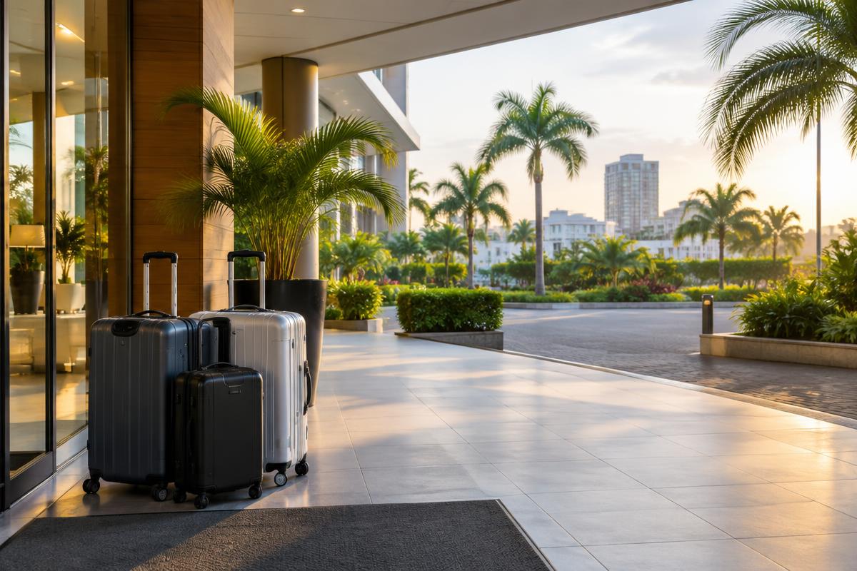 Departure morning in Accra with luggage ready at the hotel entrance