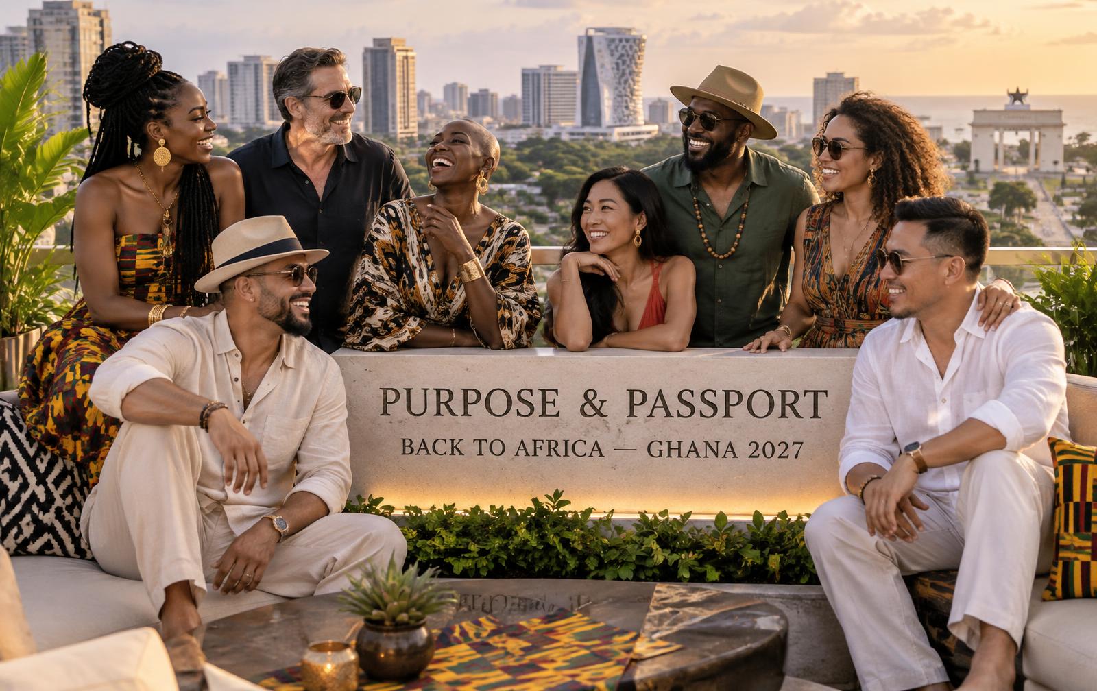 Purpose & Passport™ Back to Africa — Ghana 2027 campaign artwork: a joyful multicultural group of adult travelers in modern Accra