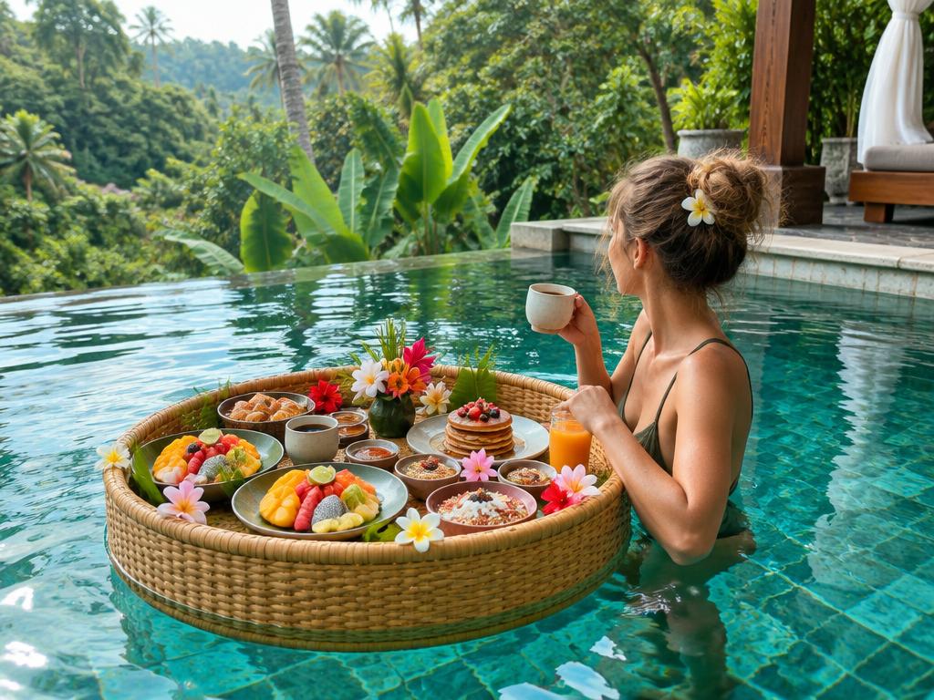 Floating breakfast tray of tropical fruit and pastries in a Balinese villa pool