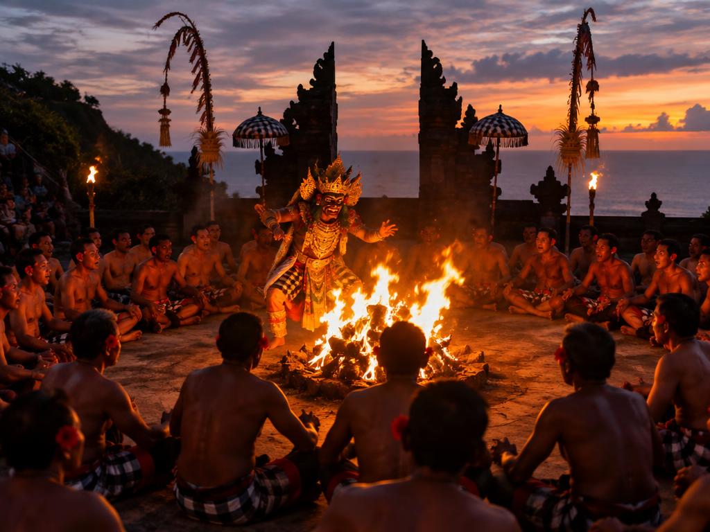 Traditional Balinese Kecak fire dance performed at dusk
