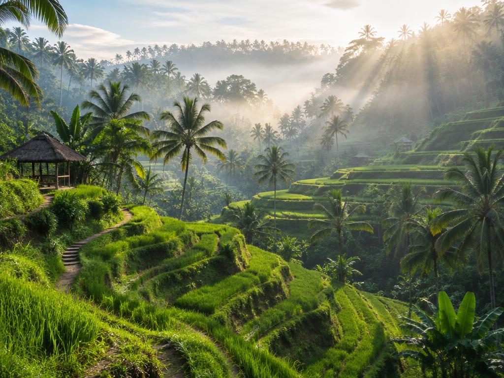 Emerald tiered rice terraces in Tegalalang, Bali