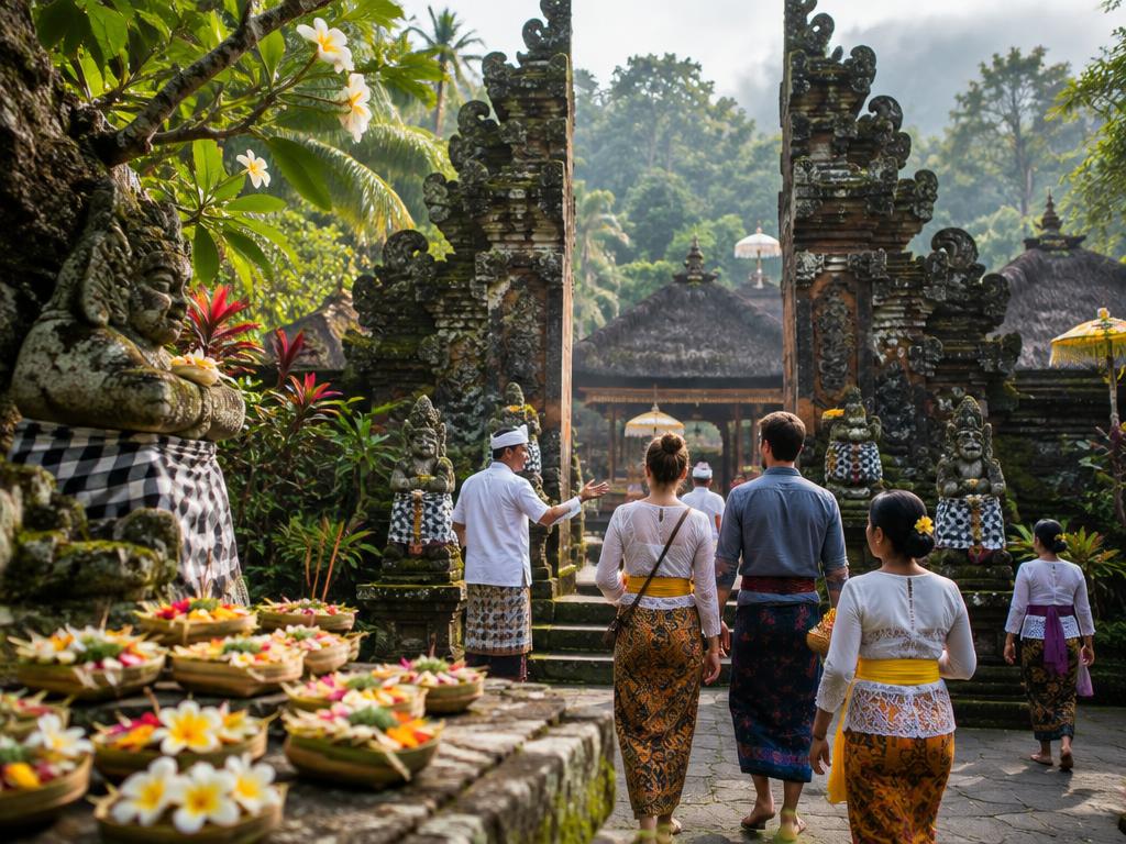 Traditional Balinese temple with stone carvings and offerings