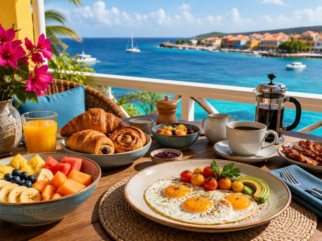 Breakfast table with fruit, pastries and coffee overlooking the Curaçao coastline