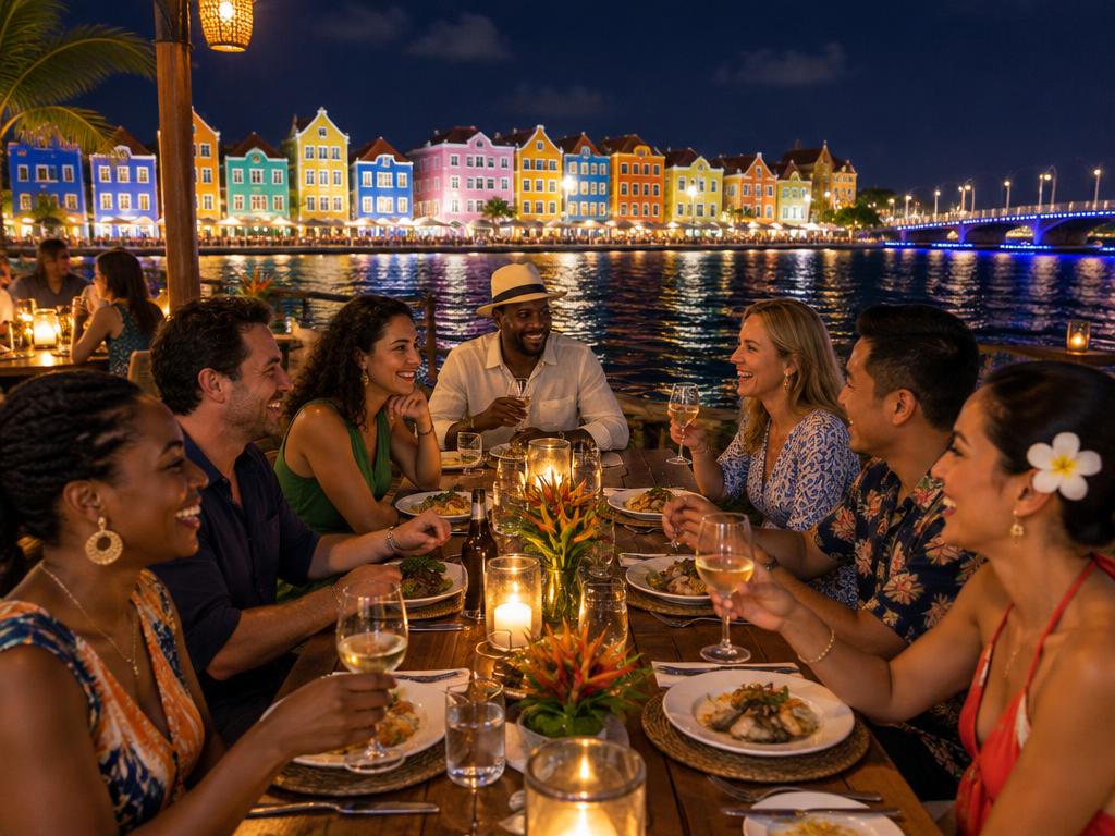 Farewell group dinner at a waterfront table in Willemstad, Curaçao