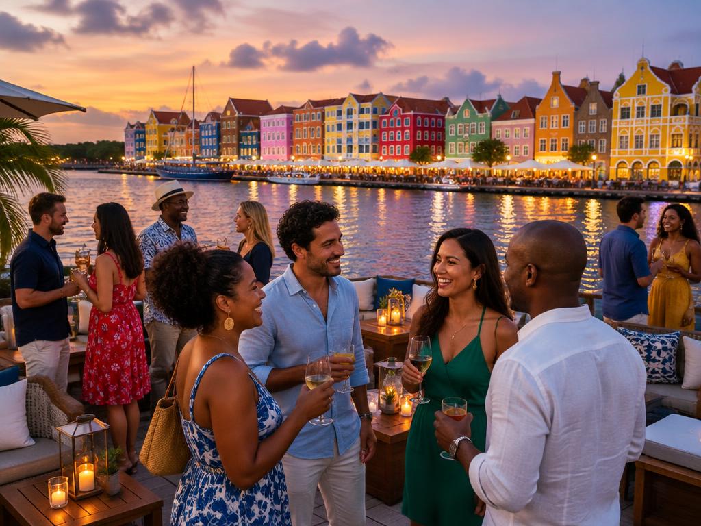 Welcome mixer with adult travelers gathering at sunset in Willemstad, Curaçao