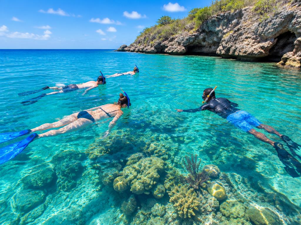 Guided snorkeling over a vivid coral reef in clear Curaçao water