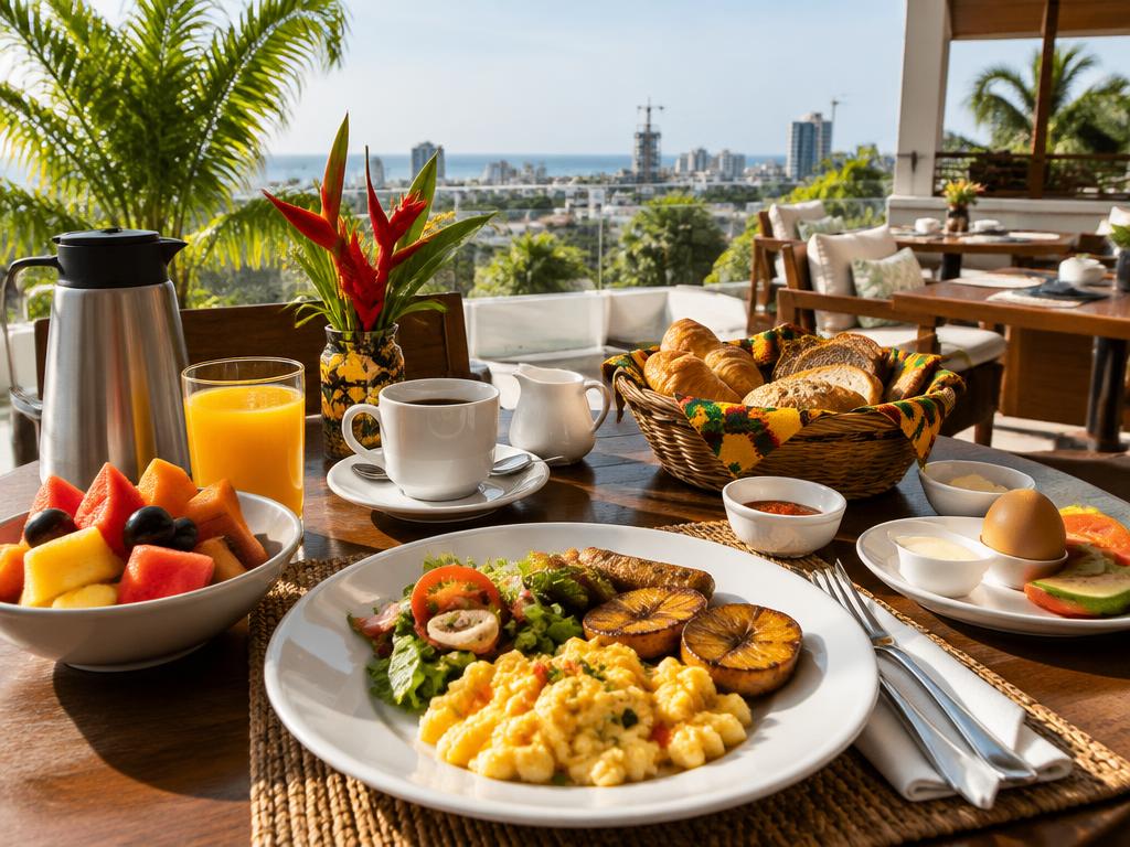 Morning breakfast table on a sunlit hotel terrace in Accra