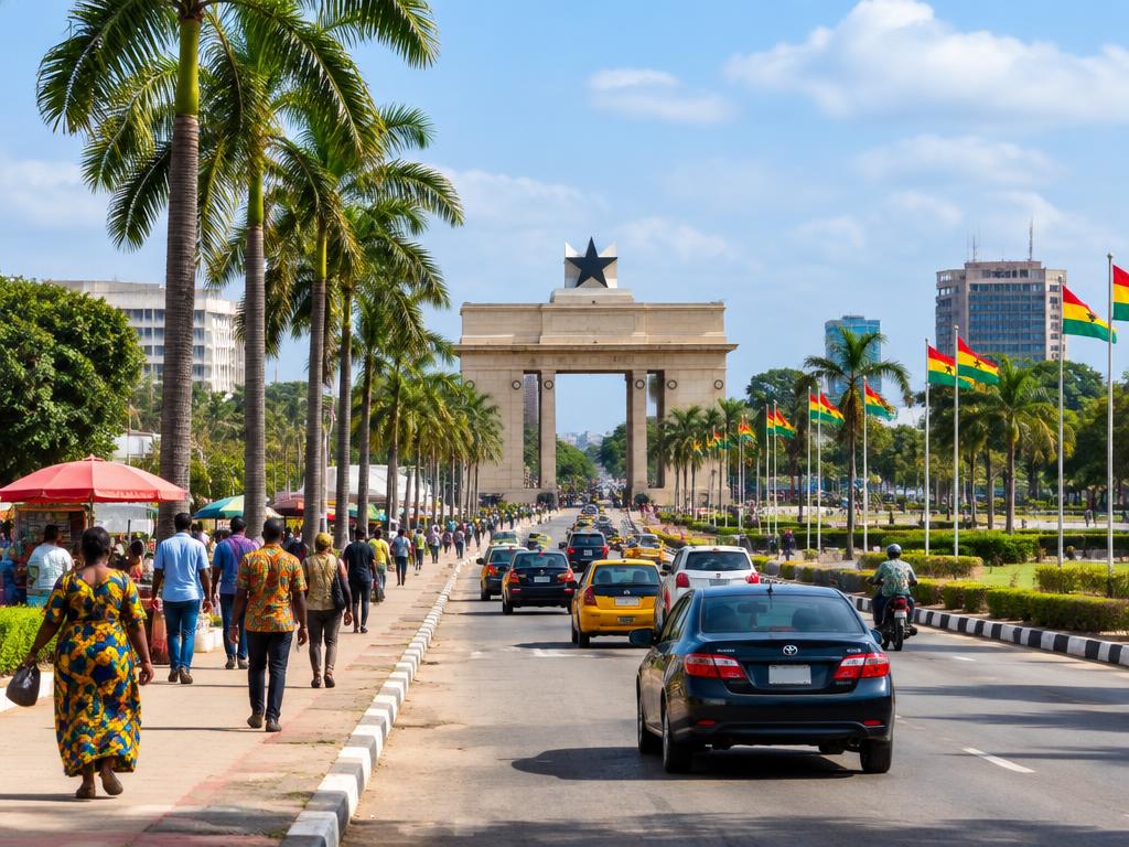 Accra city tour passing Independence Square and busy market streets