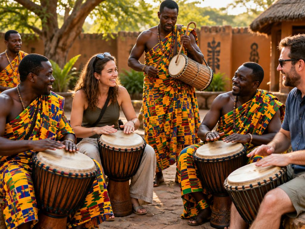 Traditional Ghanaian drumming circle with djembe players