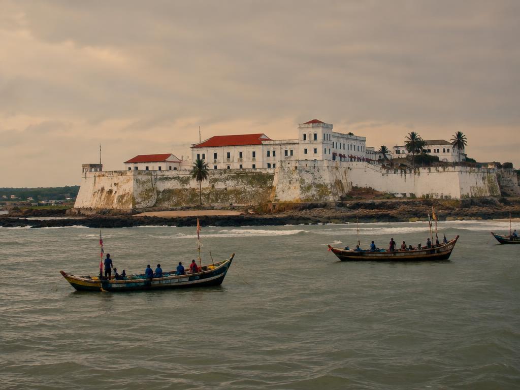 White colonial-era castle on the Ghanaian coast at Elmina