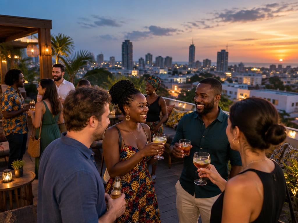 Welcome mixer with adult travelers gathering on an Accra rooftop at sunset