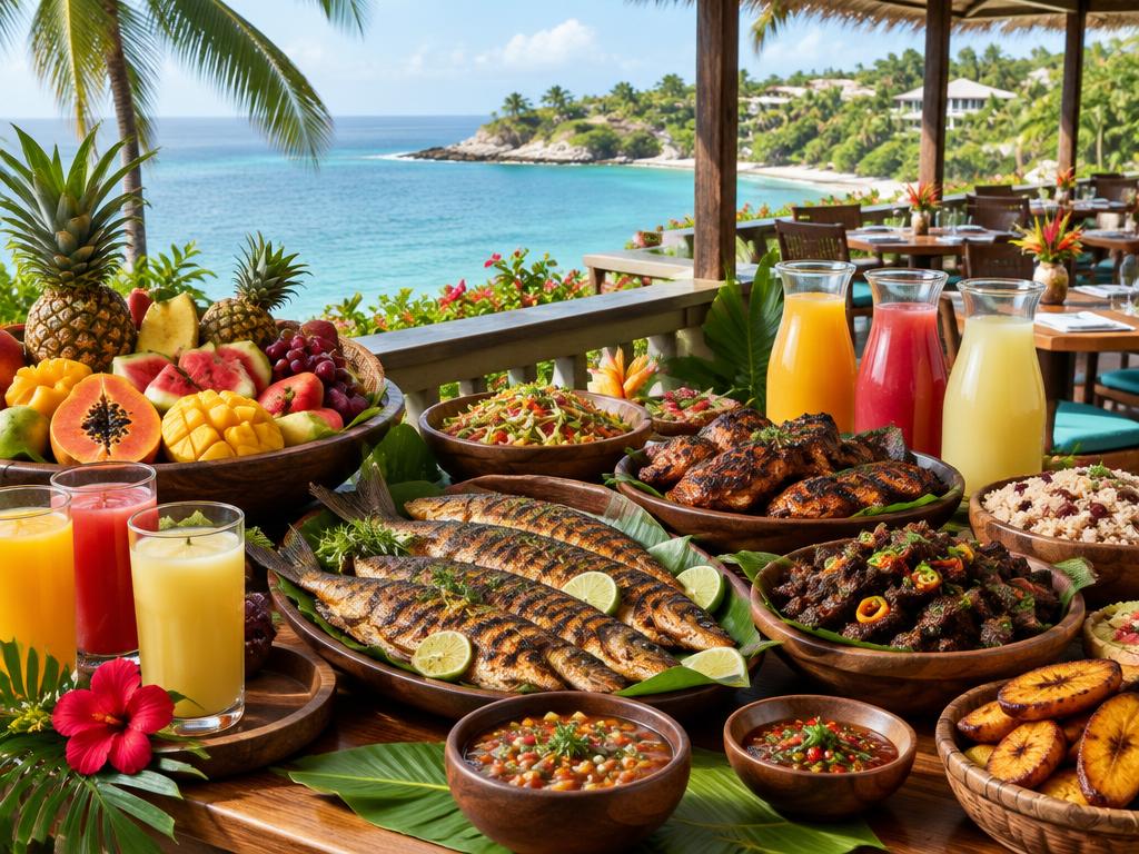 Jamaican resort dining spread of grilled fish, rice and peas, plantain and tropical fruit