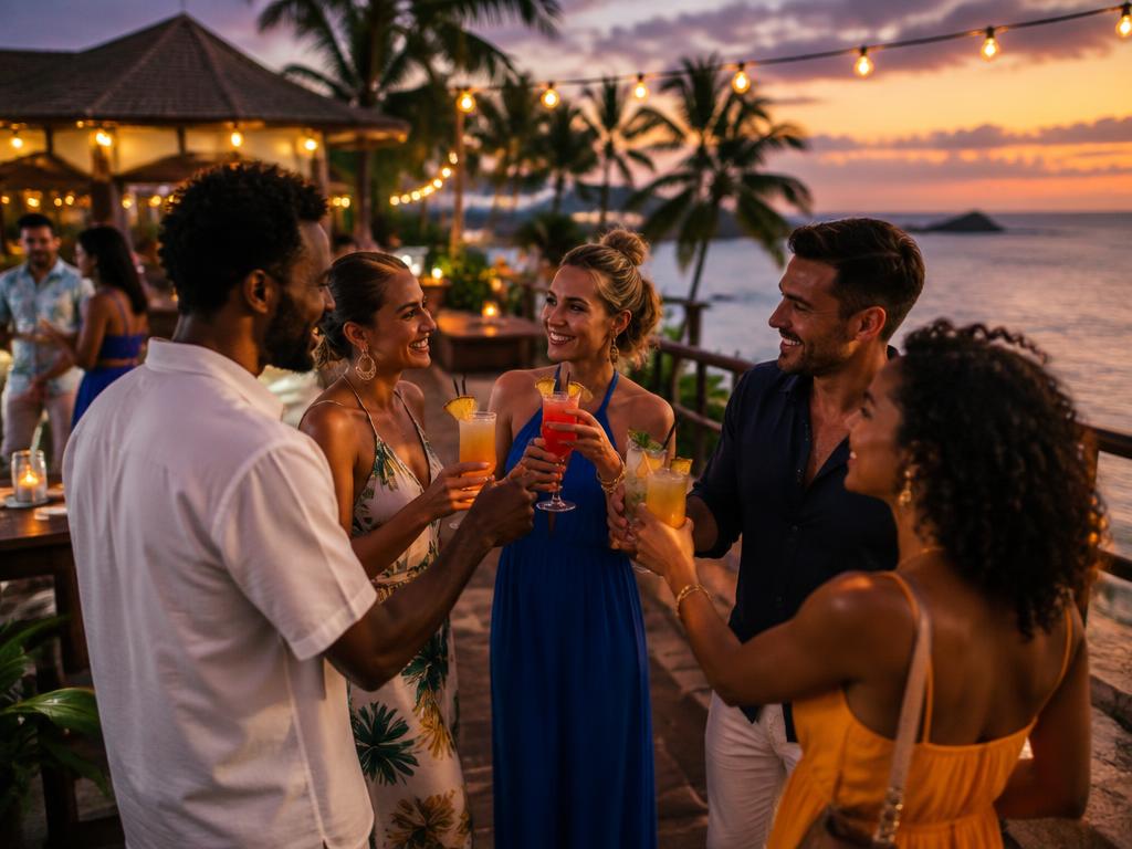 Evening welcome mixer with adult travelers greeting each other at a Jamaican resort terrace