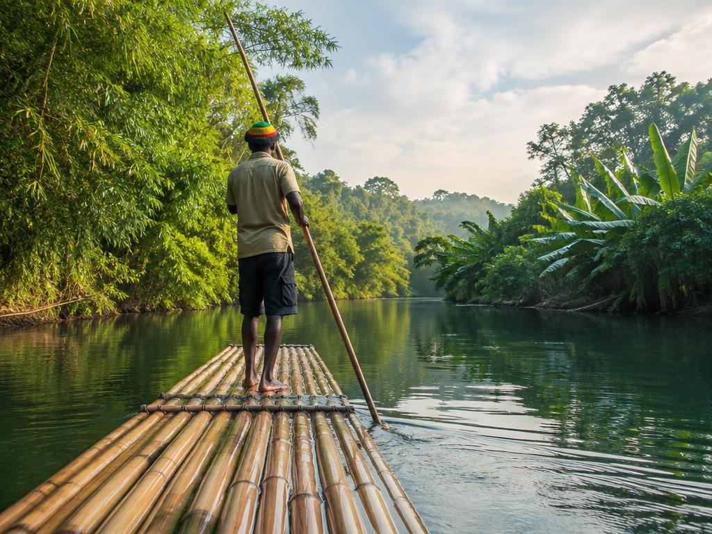 Bamboo raft gliding down a calm Jamaican river lined with tropical greenery