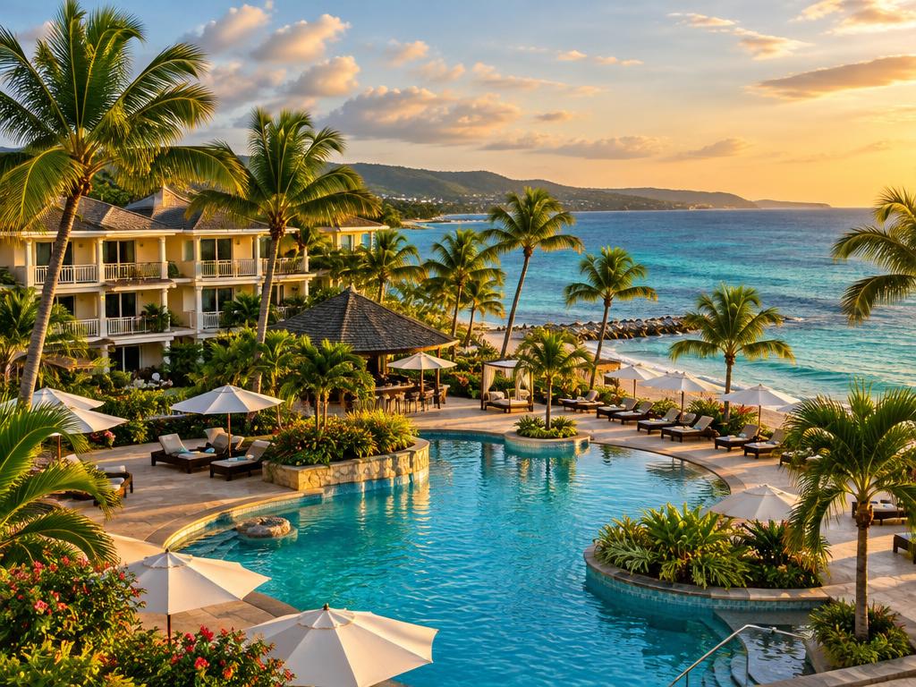 Caribbean all-inclusive resort pool and gardens in the Montego Bay area