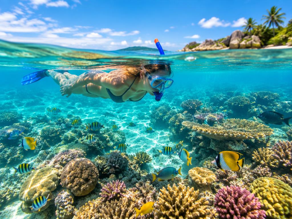 Snorkeler exploring a shallow coral reef in clear Caribbean water