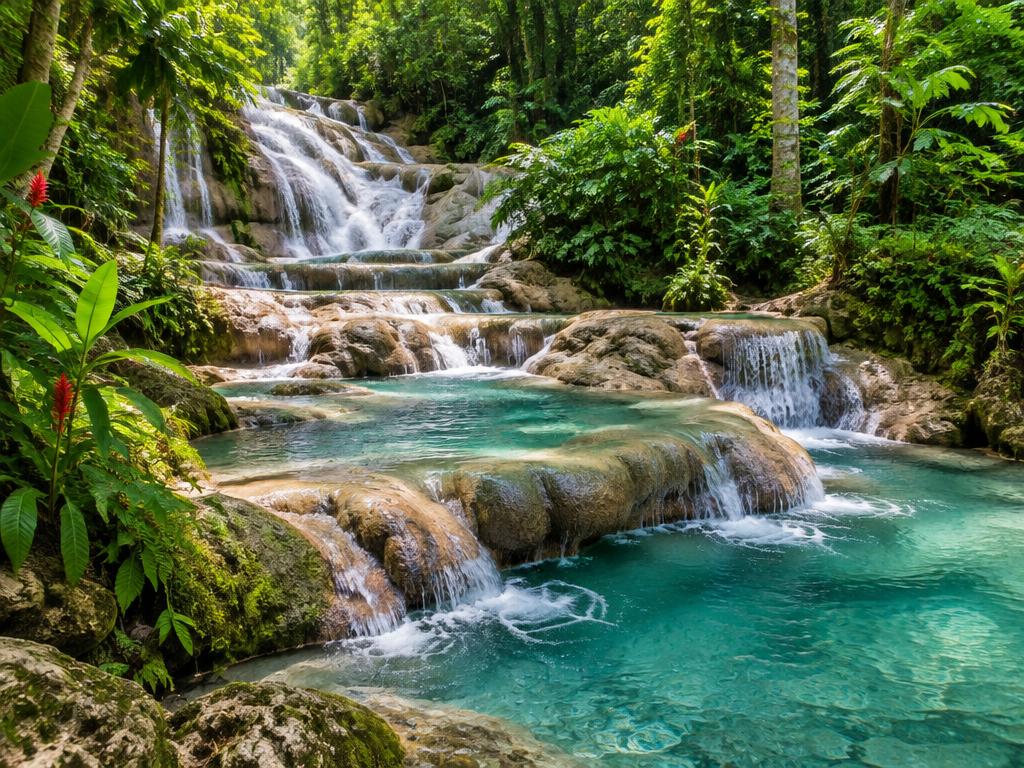 Cascading Jamaican waterfall with travelers swimming in the natural pool below