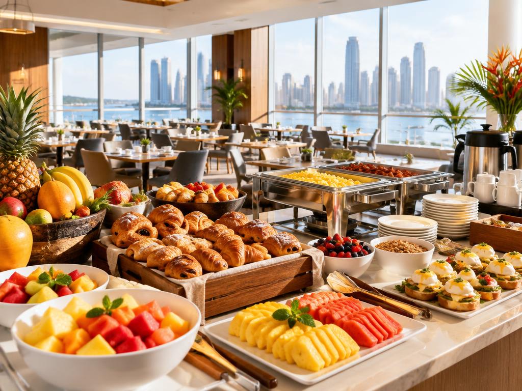 Panamanian hotel breakfast with tropical fruit, pastries and coffee