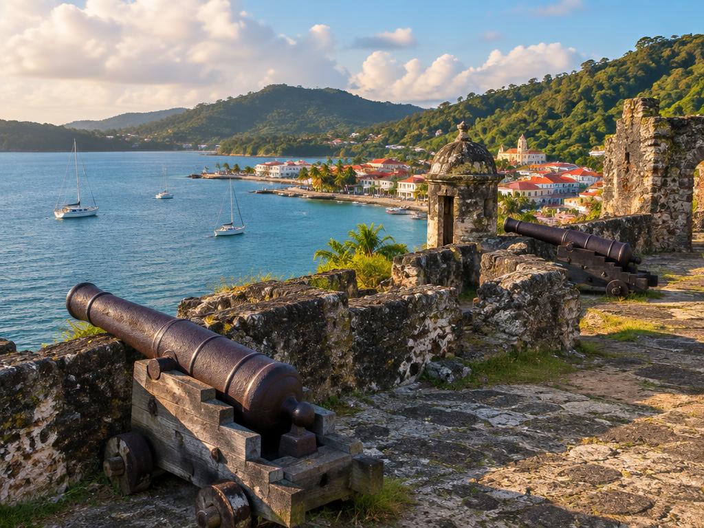 Historic colonial fortifications on the bay at Portobelo, Panama