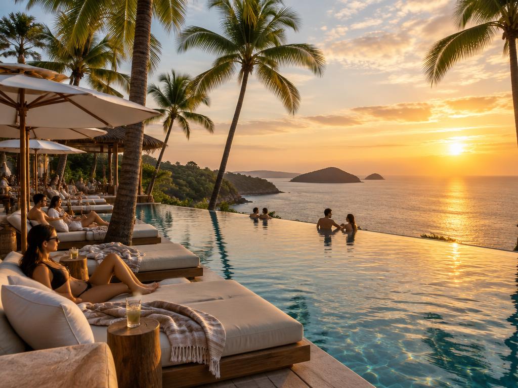 Beach club infinity pool overlooking the Andaman Sea at golden hour
