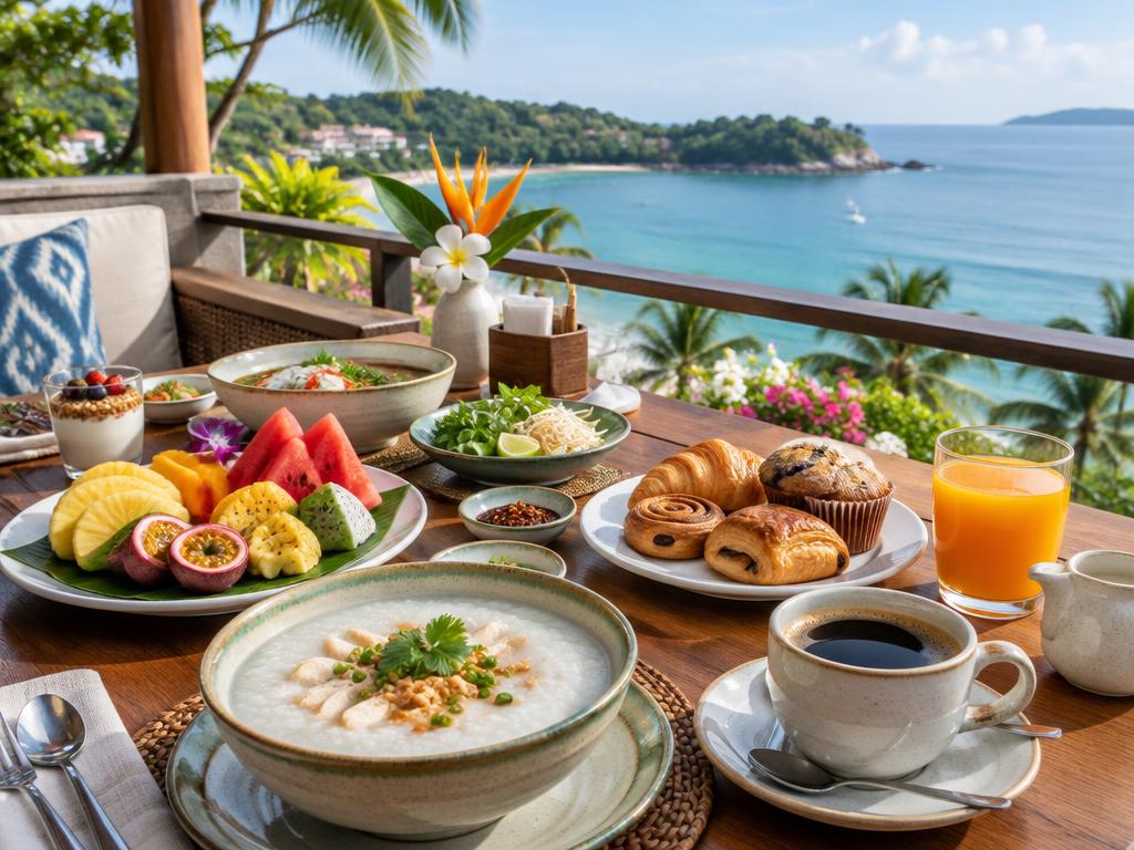 Thai hotel breakfast with tropical fruit, rice soup and coffee overlooking the sea