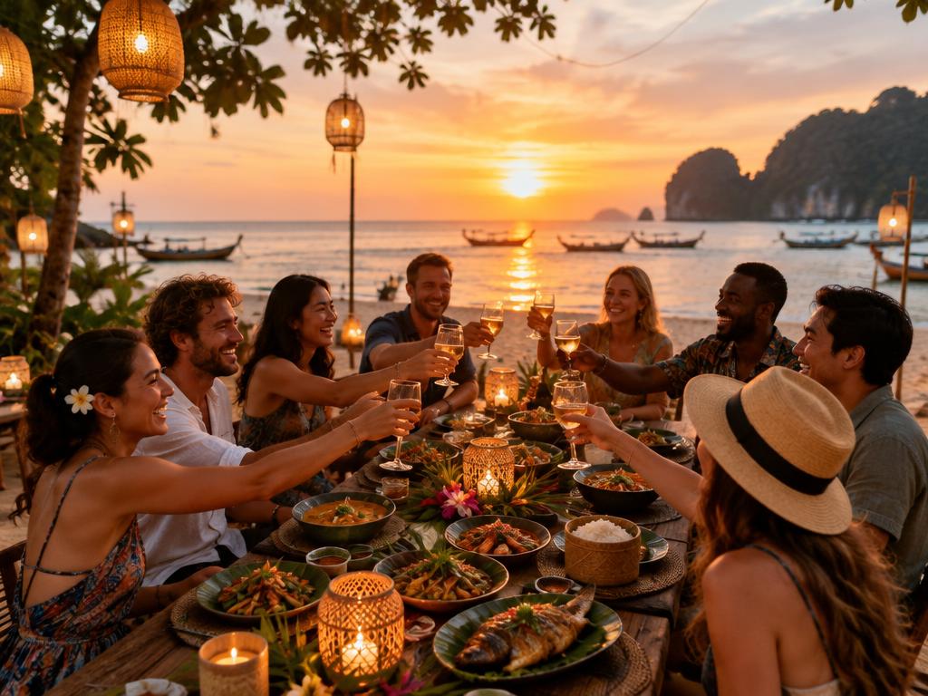 Farewell group dinner with Thai dishes on a Phuket beach at sunset