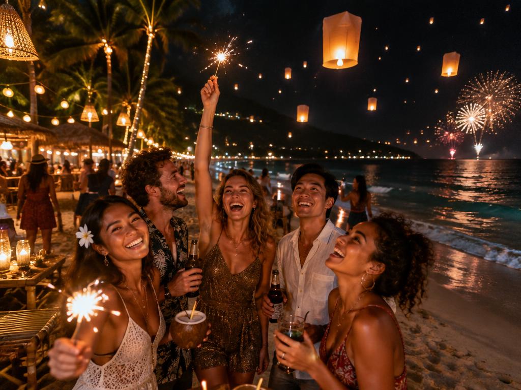 New Year's Eve celebration with lanterns on a Thai beach at midnight
