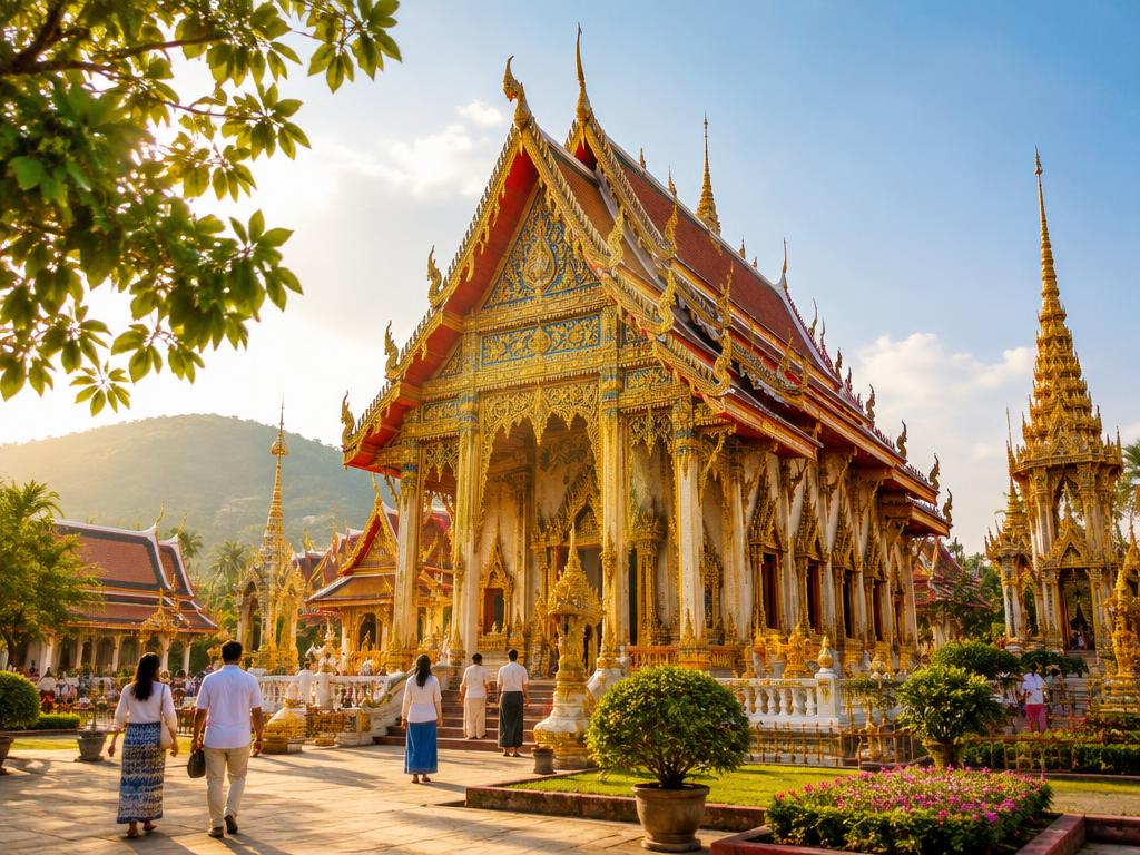Golden Thai Buddhist temple with ornate gilded rooflines