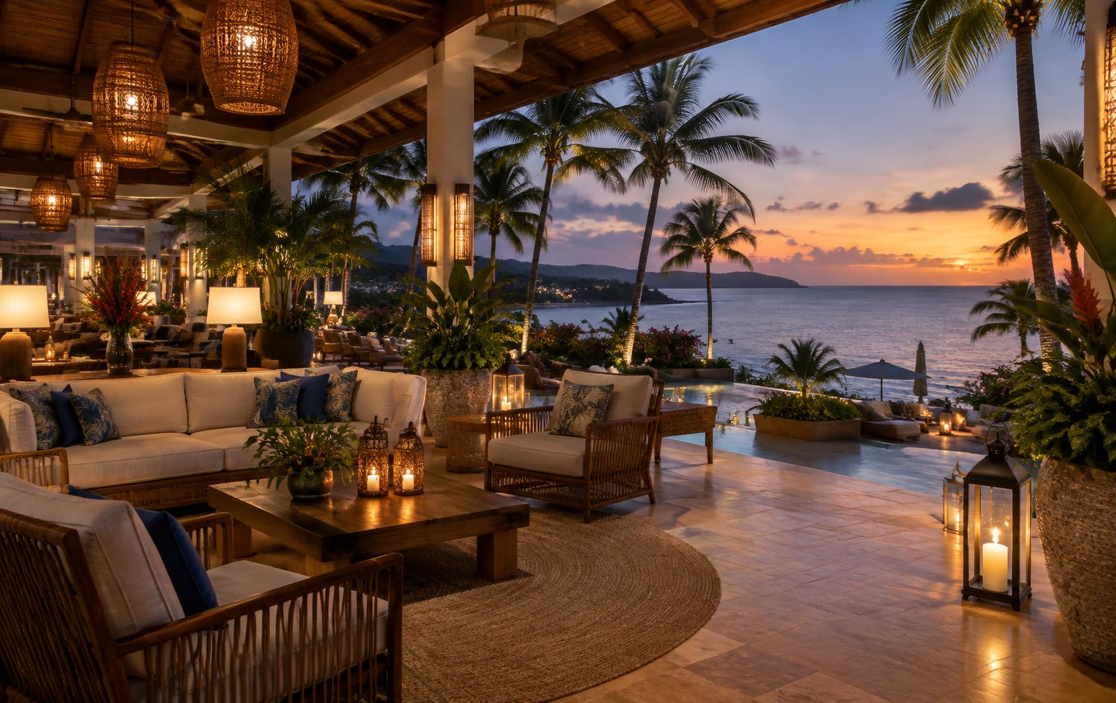 An open-air Caribbean resort lounge near Montego Bay glowing at dusk on arrival evening