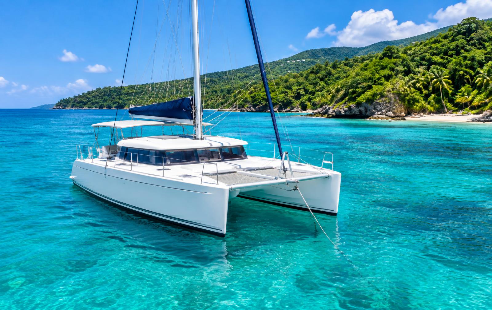 A white catamaran anchored in clear turquoise water off the green Jamaican coast