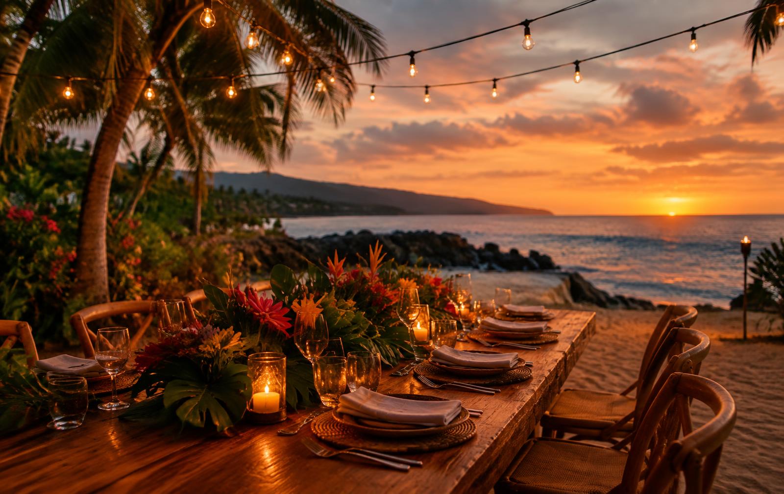 An elegant farewell dinner table set beside a Jamaican beach under string lights at sunset