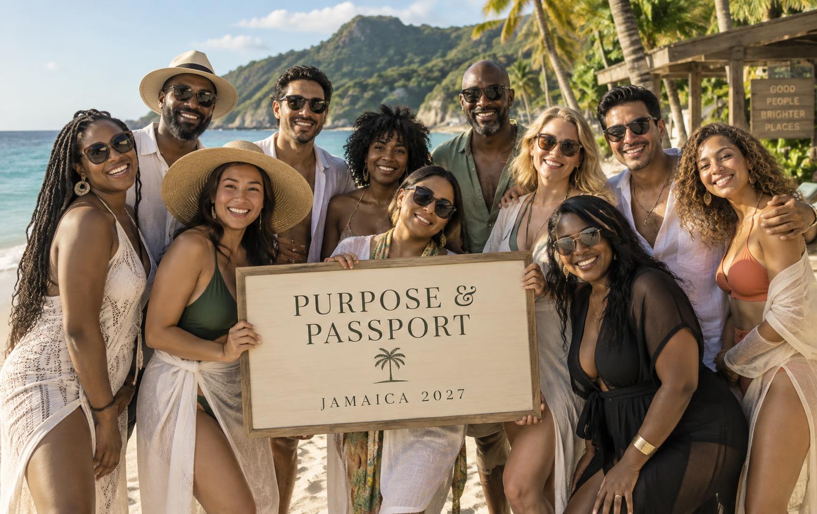 Purpose & Passport™ Jamaica 2027 campaign artwork: a joyful multicultural group of adult travelers on a Jamaican beach