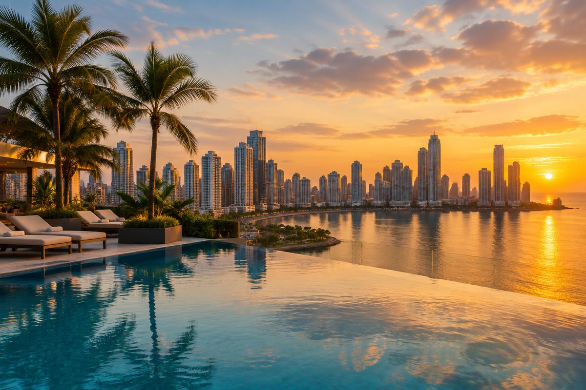 The Panama City skyline glowing at dusk on arrival evening