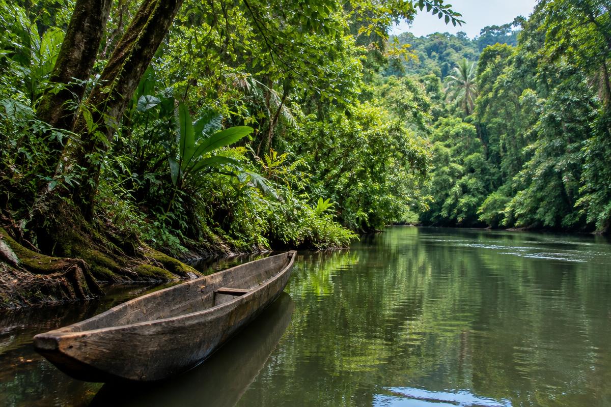 A rainforest river in Panama with dugout canoes moored along the bank