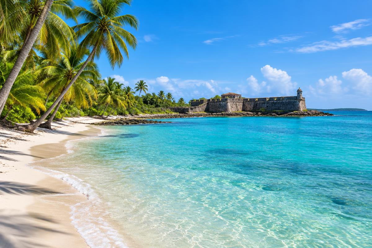 Turquoise Caribbean water and a small tropical island off Panama's coast