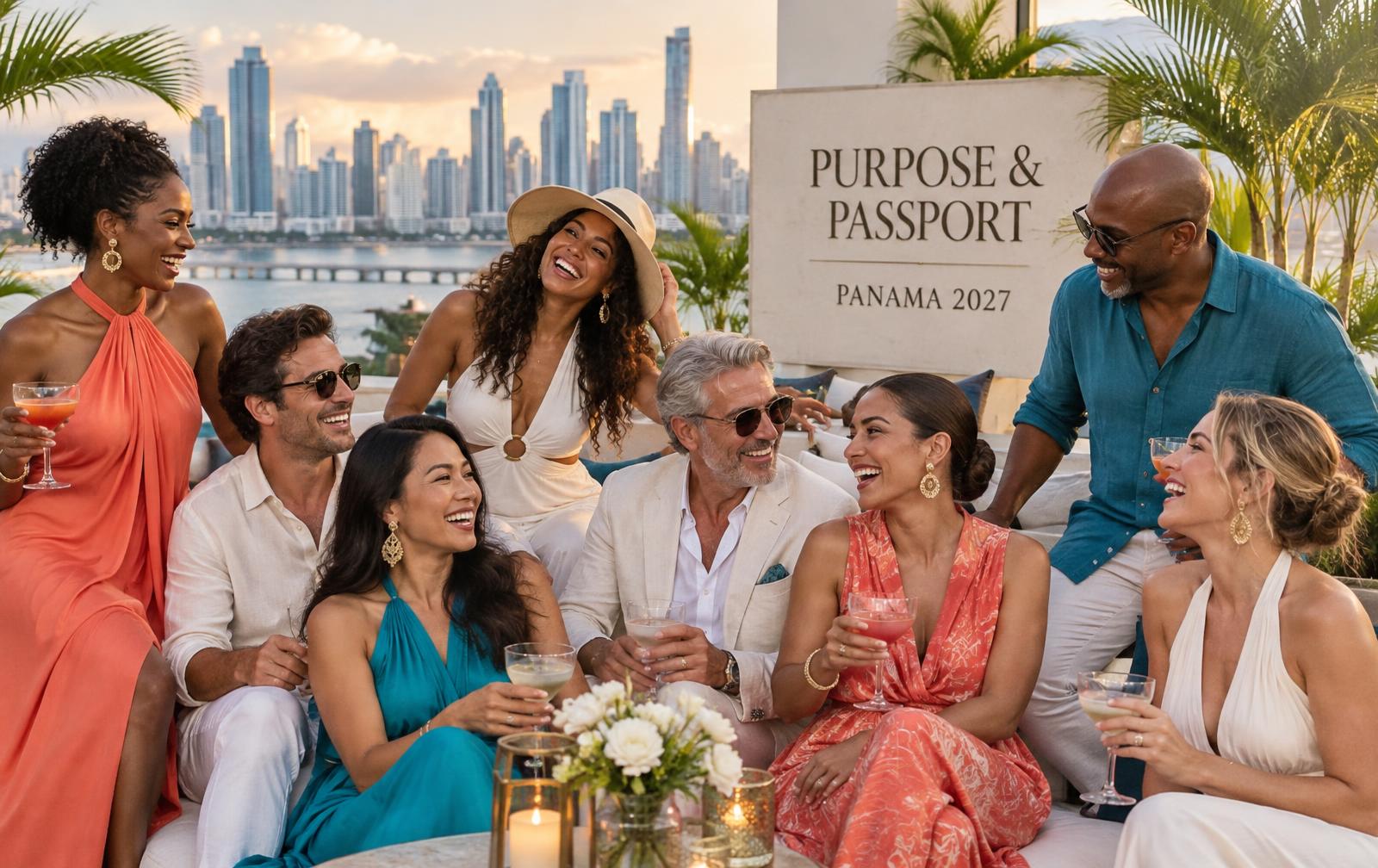 Purpose & Passport™ Panama 2027 campaign artwork: a joyful multicultural group of adult travelers with the Panama City skyline behind them